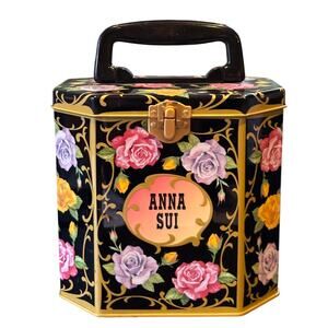 Anna Sui Black Metal Tin, Cosmetic Bag, Purse w/Handle, Black & Gold w/Roses
